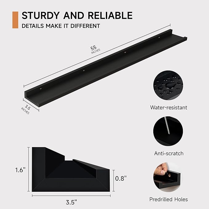 Floating Picture Ledge Shelves for Wall Set of 2, 55 Inches Picture Shelf with Ledge, Nursery Book Shelf for Toys Storage Kids Bookshelf Wall Mounted Living Room Bedroom Decor Frames, Black