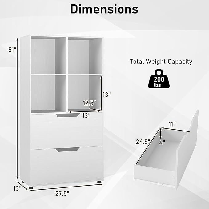 Giantex Bookcase with 2 Drawers, 51” Tall White Bookshelf w/4 Cubes, Anti-tip Kits, Freestanding Display Rack, Cubby Storage Organizer for Study, Living Room, Home Office