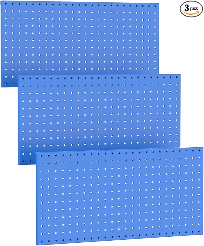 TORACK 3 PCS Metal Pegboard Panels(12x24 inch) for Wall Garage Utility Tools Storage Pegboard for Workbench, Modular Peg Board Tool Organizer Board Kit(Pack of 3, Blue)