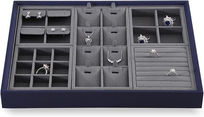 Dark Blue Jewelry Display Tray Ring Necklace Earring Bangle Organizer Multifunctional Storage Case for Jewelry Showcase (Long 8 Grids Pendant Tray)