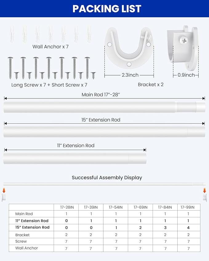 Closet Rods for Hanging Clothes, 17 to 84 Inches Stepless Adjustable Metal Closet Rod, 1.3 Inches Heavy Duty Clothes Hanging Rod for Closet Wardrobes Laundry RV, White