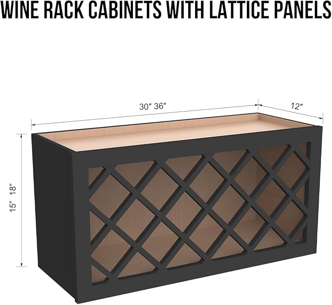 Solid Wood RTA Wine Bottle Rack Wall Cabinet with Lattice Panels - Wine Storage for Bar, Pantry, Cellar & Countertop - Mocha (Charcoal Black, 36'W 12'D 15'H)