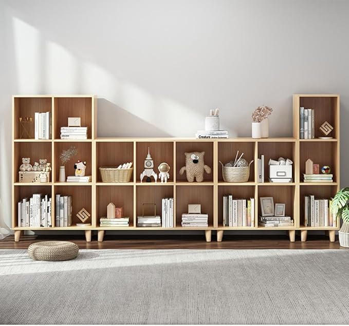 IOTXY Open Cube Low Bookcase - 3-Tier Freestanding Storage Display Cabinet Organizer with Legs for Home Office, 7-Cubes Open Shelf Short Bookshelf, Oak