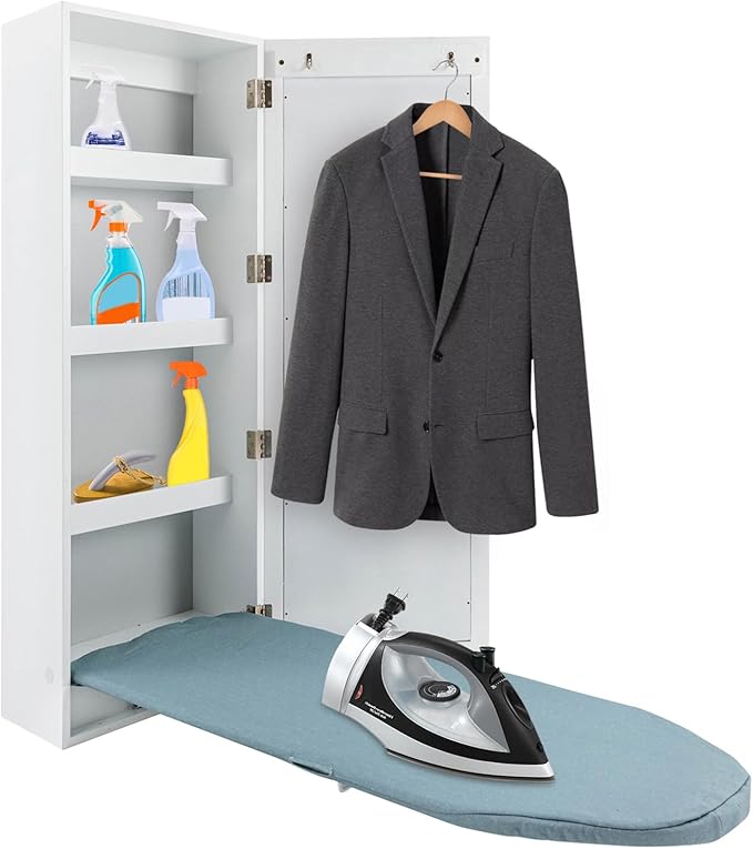 Wall Mounted Ironing Board Cabinet, Built-in Foldable Ironing Board, Wall Ironing Boards with Mirror and 2 Hooks for Home, Apartment & Small Spaces