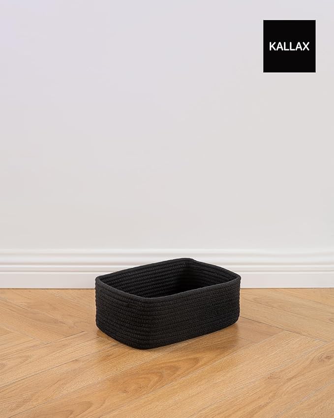 Small Woven Basket, 12 x 8 x 4.5 Inches, Storage Basket for Organizing, Cute Small Rope Shelf Closet Cube Storage Bins Baskets for Shelves, Dog Toy Gift Baskets Empty, 3 Packs, Black