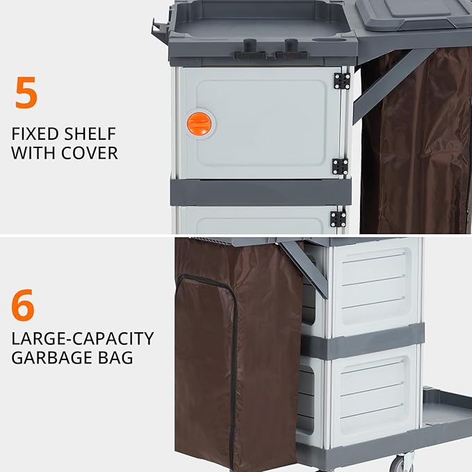 Commercial Janitorial Cart, 3-Shelf Housekeeping Cleaning Cart with 2 Cabinet, Wheels, Cover, Shelves, and Oxford Bag, Traditional Janitorial Cart for School Hotel Apartment