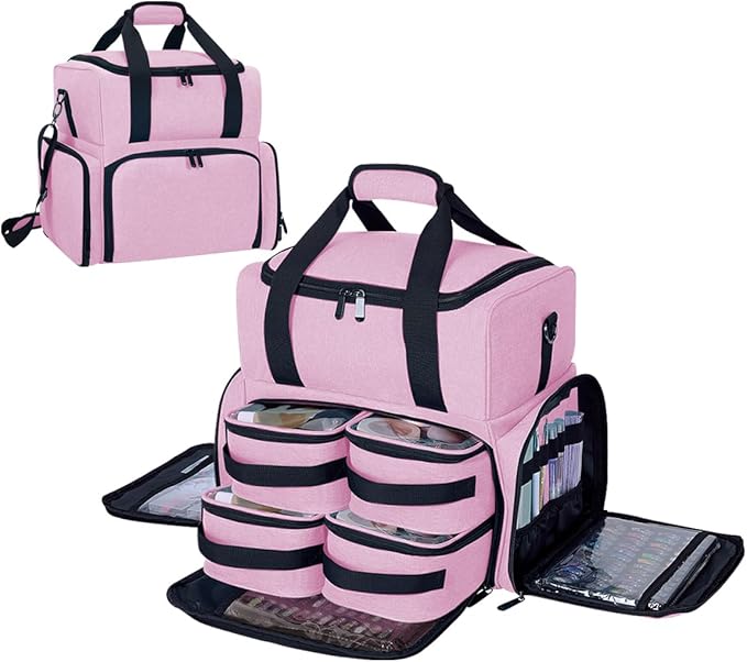 Large Cosmetic Bag with 4 Removable Case and 2 Removable Dividers Double Layer Travel Storage Organizer, Makeup Brushes Storage Section Pink