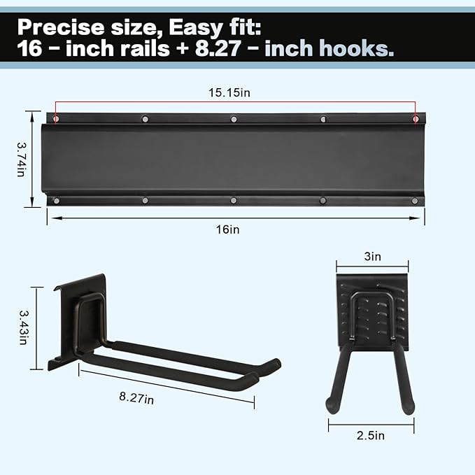 Garage Tool Organizer Wall Mount 48in- 6 Heavy Duty Hooks,360lbs Capacity, Garage Organization & Storage Rack for Broom, Rake & Snow Equipment - Tool Organizer & Men’s Gift Choice