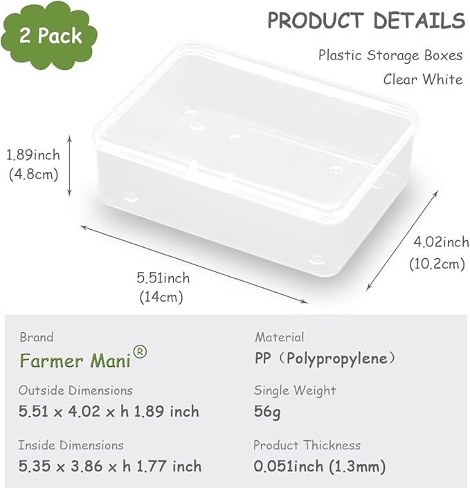 2 Pcs (5.51x4.02x1.89 inch) Small Plastic Storage Containers Box with Lid, Rectangular Clear Box for Collecting Small Items, Beads, Game Pieces, Business Cards, Crafts Accessories