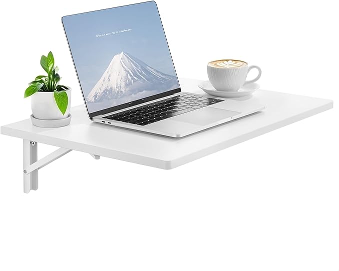VEVOR Wall Mounted Folding Table, 23.6 x 15.7 inches Wall Mount Table, Floating Desk with Iron Bracket for Small Spaces, Home Office, Dining, Laundry Room, Kitchen, Bar, White