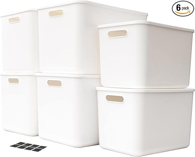 Set Of 6 Plastic Storage Bins,Versatile Kitchen Pantry Organization and Storage,for Plastic Storage Container Under Bed,Under Sink Bathroom Organizer (White, 4 L+2 M)