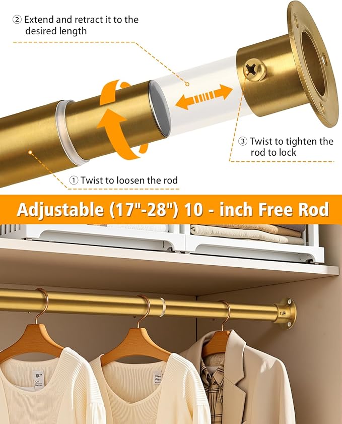 Closet Rods for Hanging Clothes, 17-40 Inch Heavy Duty and Stepless Adjustable Closet Poles, Stainless Steel Closet Hanging Rod for Closet, Wardrobes, Laundry Room, Bathroom, RV (Gold)