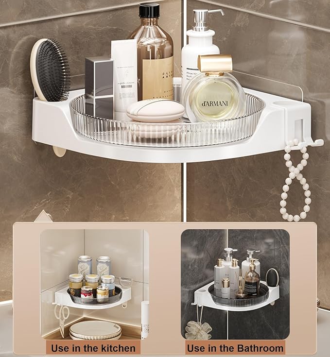 360 Rotating Makeup Organizer Spinning Bathroom Organizer 1 Pack Corner Storage Organizer with Hooks for Perfume Lotion Skincare Organizer Countertop Kitchen Storage(Clear)