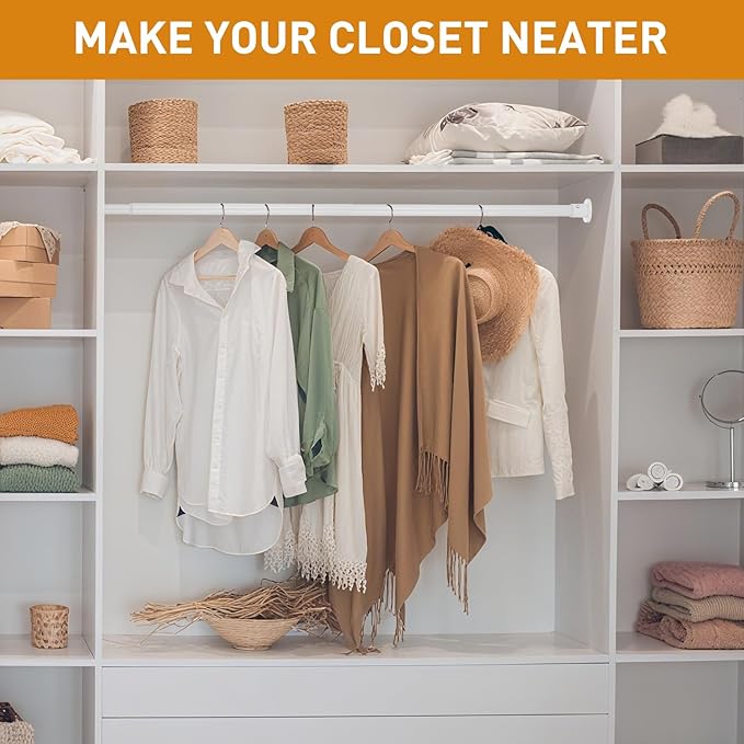 White Adjustable Closet Rod 18-48 Inches, Heavy Duty Metal Clothes Hanging Rod, Rust-Proof Non-Slip Wardrobe Bar for Closet, Laundry Room, RV