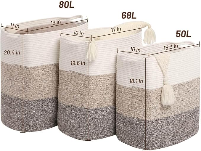 Tall Laundry Basket With Handles,Woven Cotton Rope Big Laundry Hamper Sorters,Versatile Storage for Dirty Clothes,Baby Toys,and Blankets in Bathroom, Nursery,and Living Room (Gradient Brown, 50L)