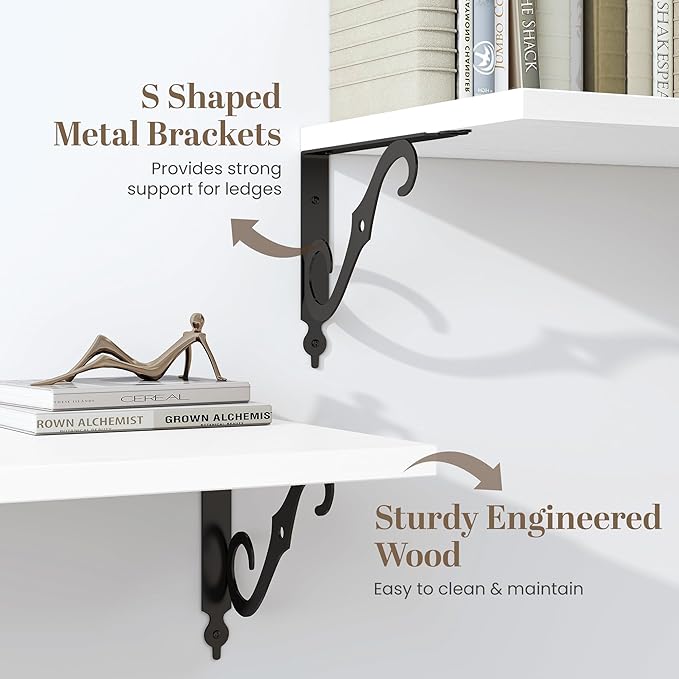 Fun Memories 40 Inch Floating Shelves Wall Mounted, 12 Inch Deep Wall Shelves with Bracket, Rustic Hanging Bookshelf, 40" Bookshelves for for Living Room, Kitchen and Bedroom, White, Set of 2