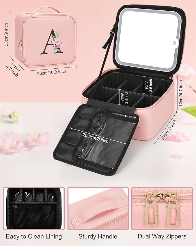 Relavel Initial Makeup Bag with LED Mirror for Women Girls, Personalized Travel Cosmetic Organizer Train Case, Birthday Gifts for Grandkids Bridesmaid Graduation Teacher Friends, Trendy Stuff, Pink E