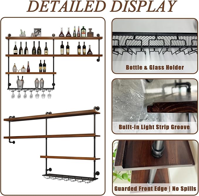 Solid Wood Wall Mounted Wine Rack, Large Wine Rack with LED Light, 4 Tiers Liquor Bottles Floating Shelves with Glass Holder, Industrial Bar Shelves for Home Bar Dining Room (102.4 IN/ 260CM)