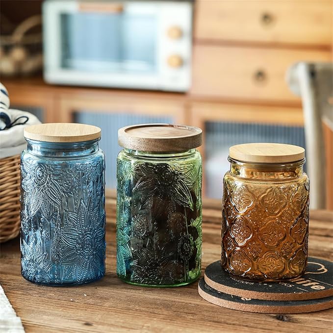 Set of 2 Vintage Glass Storage Containers, Green Glass Jars with Solid Wood Lids, 34 FL OZ Decorative Jars for Kitchen Storage Cabinets for Coffee, Jam, Nuts, Pasta, Cookie (Green Sunflower)