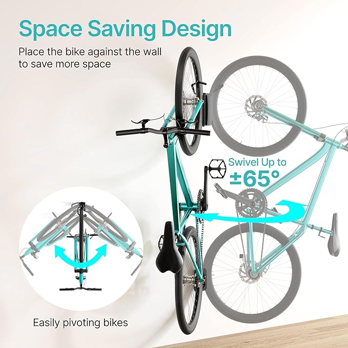 Bike Rack Garage, Heavy Duty Swivel Bike Wall Mount, Holds 77 Lbs, Bike Hangers for Garage, Adjustable Indoor Bike Storage for Bedroom Home Office, 1 Pack