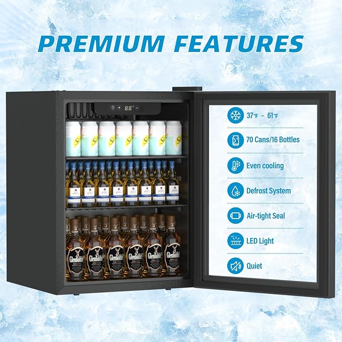 Compact Freestanding Beverage Refrigerator,70 Can/ 1.6 Cubic Feet Mini Fridge with Reversible Glass Front Door for Soda, Beer or Wine, Under Counter Small Refrigerator 2 Adjustable Shelves
