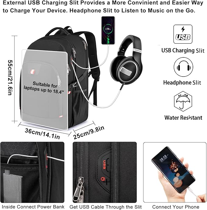Della Gao Travel Laptop Backpack, 18.4 inch Extra Large Backpack for Men and Women, 45L Capacity Business Computer Back Pack (Black, 18.4 Inch)