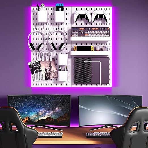 Peg Board Combination Kit, 8 Pegboards with 40 Accessories, Pegboard Wall Organizer for Office, Nursery & Home Storage, Key Holder, 51.2"x25.6" – Nail-Free Installation（White）