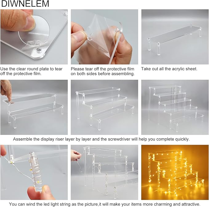 DIWNELEM 5 Tier Acrylic Risers - Acrylic Display Stands with Pink LED Light