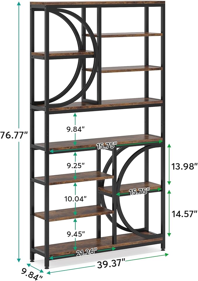 Tribesigns Bookshelf, Industrial 8-Tier Etagere Bookcases, 77-Inch Tall Book Shelf Open Display Shelves, Wood Look Accent Shelving Unit with Metal Frame for Home Office (1, Brown/Black)