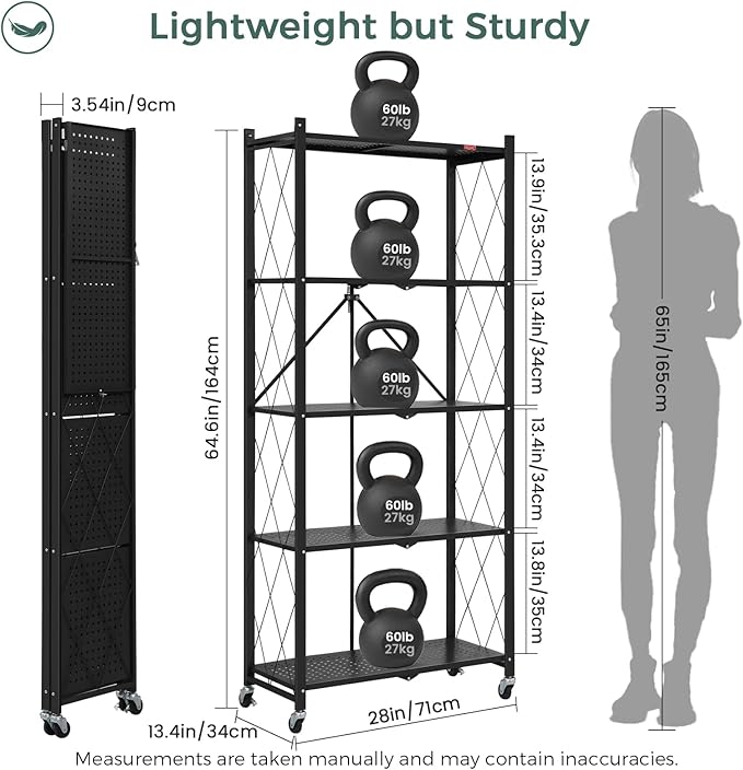 DEANIC 5 Tier Foldable Storage Shelves with Wheels, Large Capacity Shelving Unit, Freestanding Metal Wire Shelf Rack, No Assembly Organizer Rack for Garage Kitchen, Basement, Pantry(Black)