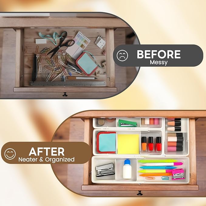 Adjustable Drawer Organizers - Expandable Drawer Dividers Organizers, Thickened PP Drawer Organizer Trays for Utensils, Pens, Makeups, Flatware and Junks, Multi-Use (Large)