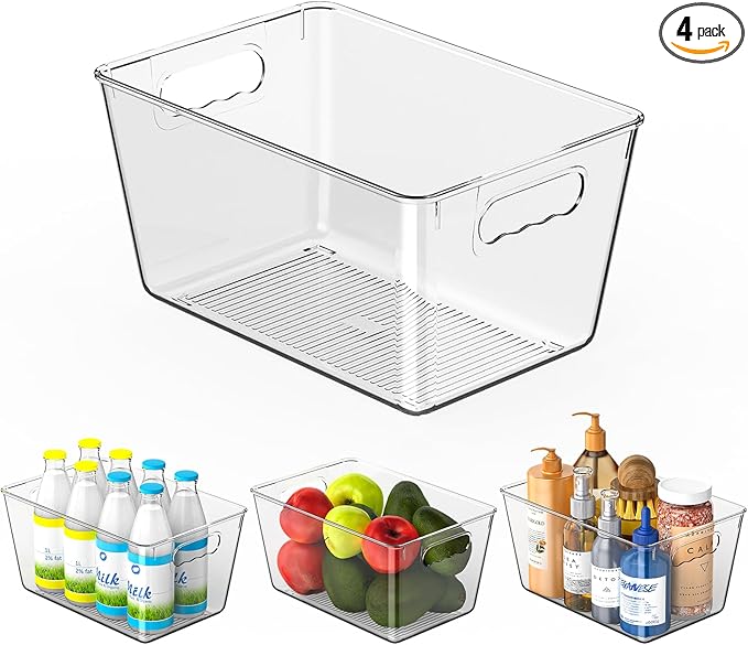 Clear Plastic Storage Bins, 4 Pack Pantry Organizers & Storage Containers, Cabinet Organizer, Home Organization Must Haves for Kitchen, Laundry Room, Office, Closet & Freezer