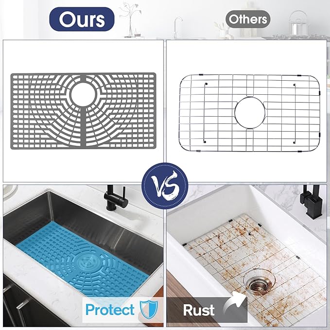 Silicone Sink Protector 26“x14" Rear Drain Hole, Heat Resistant Non-slip Dishwasher Suitable, Large Sink Mat for Bottom of Farmhouse Kitchen Stainless Steel Sinks(Grey）