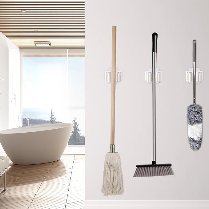 Verdenu 25 Pack Broom Holder Wall Mount, Mop and Broom Holder Wall Mount, Stainless Steel Command Mop Holder with Screws, Garden Tool Storage Organizer for Kitchen, Home, Bathroom, Garage, White