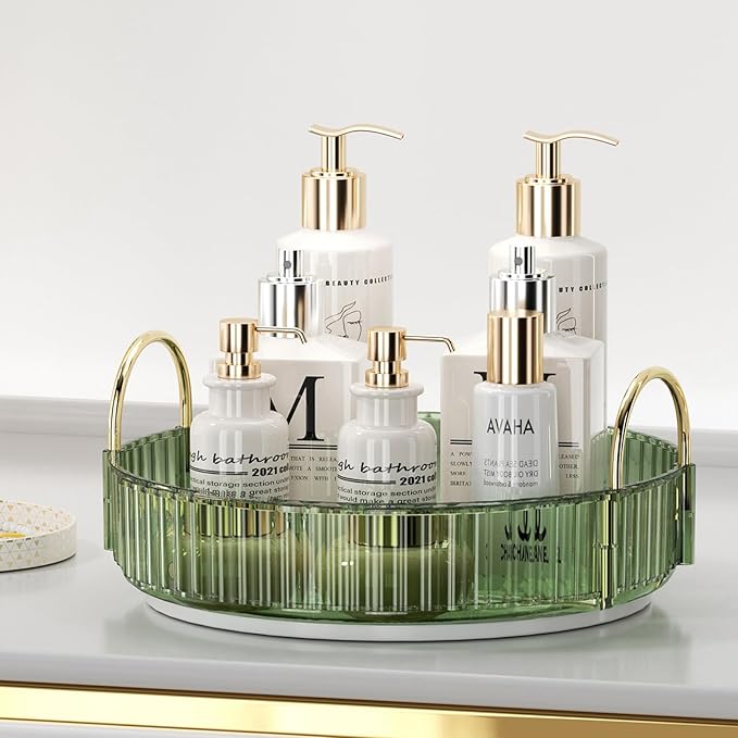 Rotating Makeup Organizer for Vanity, Spinning Cosmetics Storage for Bathroom Countertop, Skincare Holder Rack for Facial Cream, Perfume, Lotion, Lipstick(1 Tier, Dark Green)