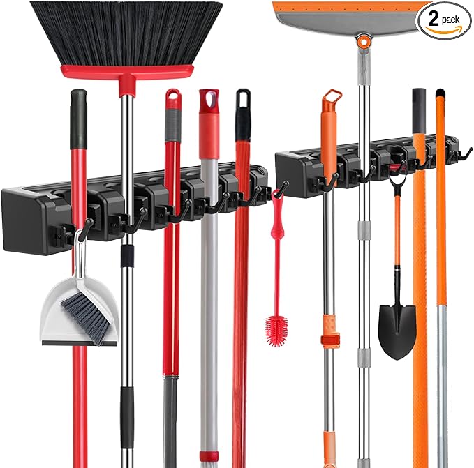 nacena Broom Holder Wall Mount, 2 Packs Black Wall Hanging Garden Tool & Utility Closet Organizer Mop & Broom Hook Wall Mounted Heavy Duty Broom and Mop Organizer Wall Hanging for Bathroom, garage