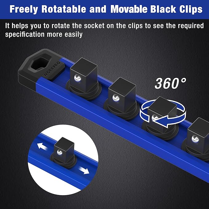 WORKPRO Magnetic Socket Organizer, 1/4-Inch Drive Aluminum Alloy Sockets Rail, Heavy Duty Sockets Holder, Socket Rack Kit 1/4-Inch x 12 Clips (Blue)