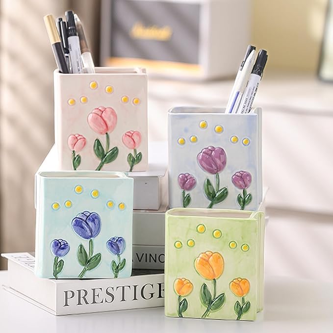 Book Vase Tulip Pencil Cup Pen Holder For Office Desk Decorative Books Blue Flower Vase Cute Toothbrush Holders Home Decor Teacher Book Gifts for Women Small Makeup Brushes Holder