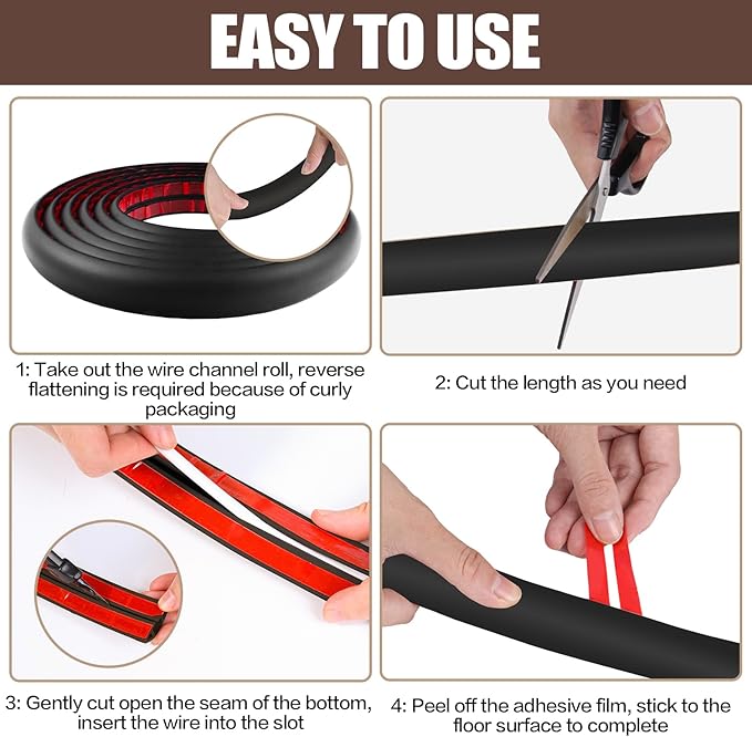 Floor Cord Cover Self Adhesive Cord Hider,3.3FT Cable Management, Extension Strip Protector for Wires, Prevent Cable Trips for Offices, Gyms, Exhibitions Cavity:0.39"(W) x 0.27"(H) Black