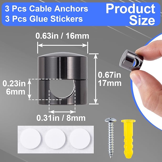 3 Sets Charger Holders for Cords, Black Adjustable Cable Anchor Holders, Adhesive Metal Cord Clips, Cable Management Wire Organizers for Desk, Office, Nightstand