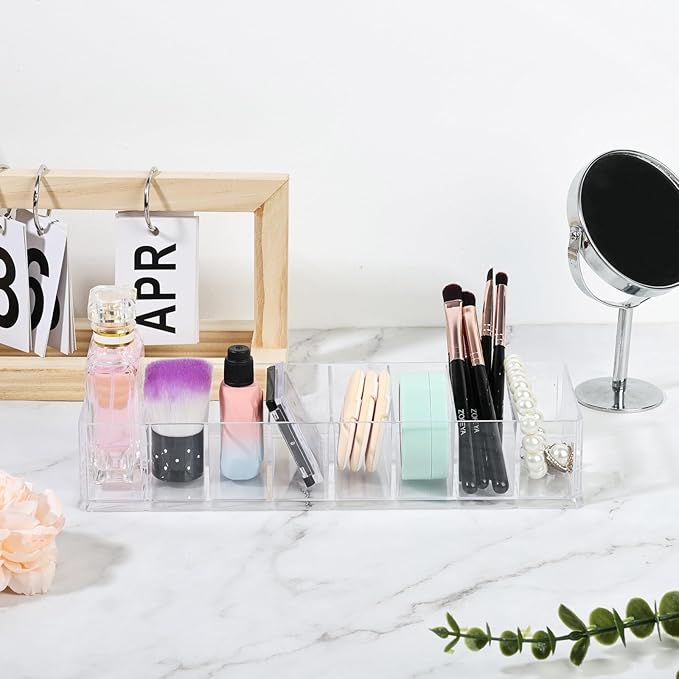 Acrylic Makeup Brush Organizers,3 Pack 8 Section 8 Compartments Transparent Plastic Lipstick Holder Clear 9.96x3.46x1.81 Inches Storage Square Cube for Bathroom Jewelry Accessories