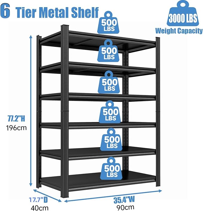 Garage Storage Shelves,5 Tier Shelving Unit, 40 inch Wide, 18” Deep, 78” Tall Organizer Metal Shelf for Basement/Laundry/Pantry Heavy Duty, Adjustable,Easy to Install (6Tier-35.4"Wx17.7"Dx77.2"H)