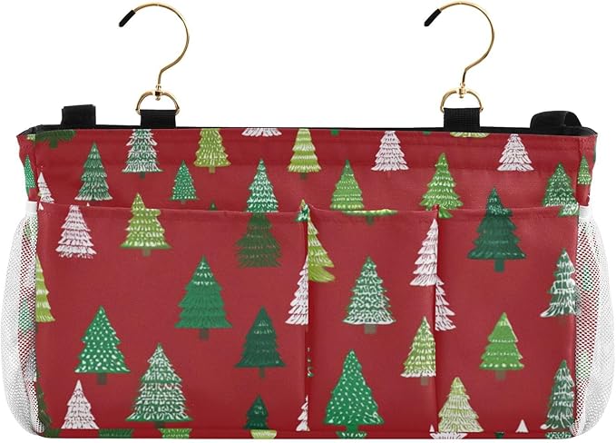 Christmas Trees White Green Bedside Caddy for Dorm Bed Bedside Hanging Caddy Bag Iron Frame Storage Organizer Pocket for Bunk Home College Hospital Beds 2 Hooks