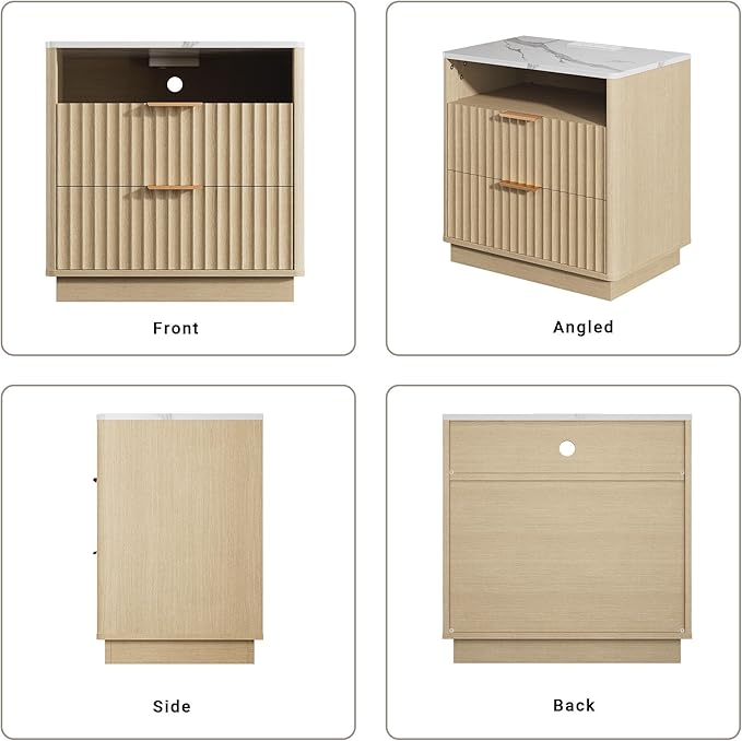 Large Fluted Night Stand with Charging Station, 23" Modern End Table with Faux Marble Top, 2 Drawers Nightstand with Storage, Side Table for Bedroom Living Room,Curved Profile(Natural Oak)