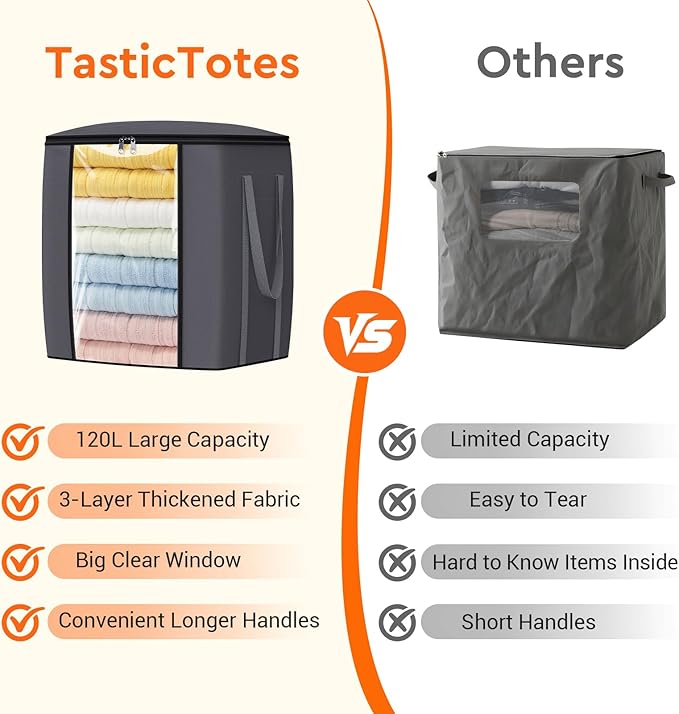 120L Extra Large Clothes Storage Bags, Foldable Blanket Storage and Organization, Thick Fabric Containers with Reinforced Handles & Zippers for Clothing, Comforters, Bedding, Gray, 2 Pack