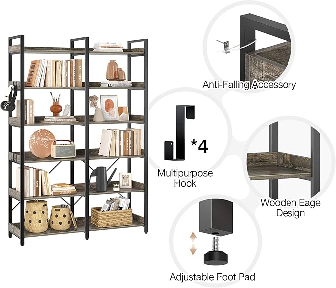 Seventable Bookshelf 6 Tier with 4 Hooks，67”Industrial Wooden Bookcase, Vintage Storage Rack with Open Shelves, Rustic Standing Bookshelves Metal Frame 43.3” Wide Display Rack, Gray