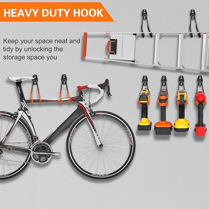 Heavy Duty Garage Hooks 8 Pack, 7.7 inch U Shaped Long Hanger, Wall Mounted Storage System, Power and Garden Tool Organizer, for Hanging Ladders, Bikes, Hose, Bulk Items and More