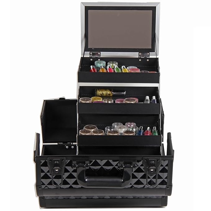 SHANY Premier Fantasy Professional Makeup Train Case Cosmetic Box Portable Make up Case Organizer Jewelry storage with Locks, 3 Trays, Makeup Brush Holder and Cosmetics Mirror - Black Diamond