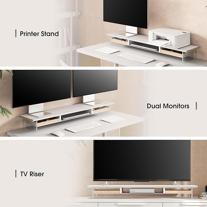 Fenge Dual Monitor Stand with Drawer, 42.5 Inch Large Monitor Riser with Acrylic Legs Supports, Computer Stand for Desk, 2 Tier Wood Desk Shelf with Storage Organizer for PC, Laptop, Printer, TV