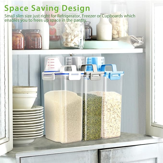 Rice Airtight Storage Container, 3 to 5Lbs Cereal Dry Food Flour Bin, Pet Dog Cat Food Dispenser with Measuring Cup, BPA Free Clear Plastic Kitchen and Pantry Organization Bin for Sugar